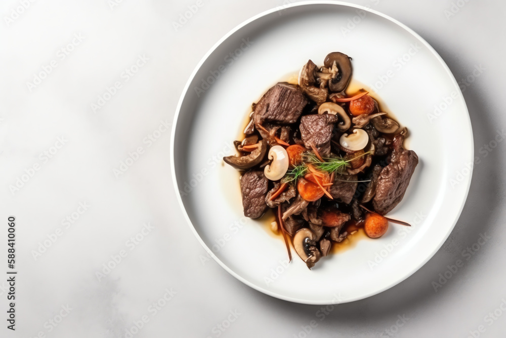 Top view, Fried beef with oyster sauce mockup, On white table, Grey background, AI Generated