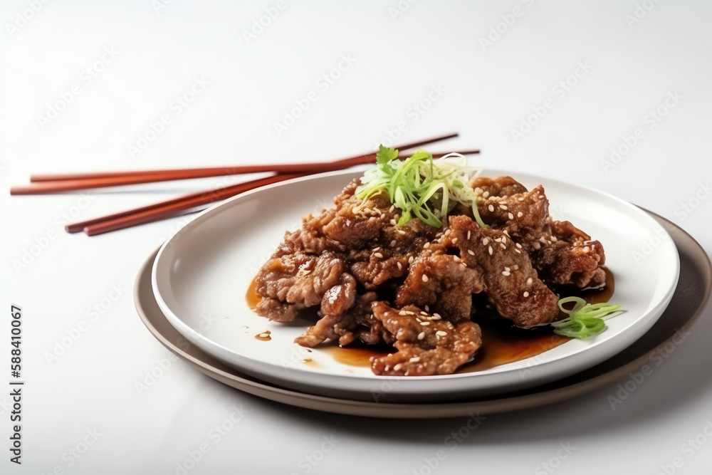 Fried beef with oyster sauce mockup, On white table, Grey background, AI Generated Fried beef with oyster sauce mockup, On white table, Grey background, AI Generated