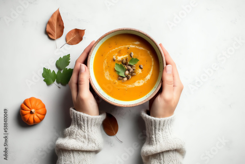 Female hands with bowl of pumpkin soup top view mockup, On grey background. AI Generated photo