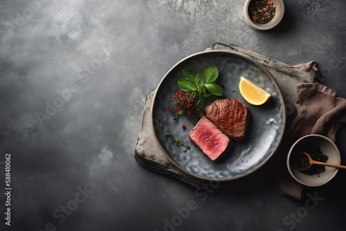 Grill beef meat plate on grey background top view, On grey background, AI Generated