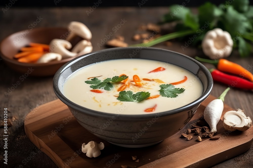 Traditional Thai food Tom Kha Gai in bowl on wooden table and ingredients, mockup, With vintage white background, AI Generated