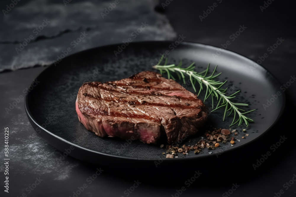 Sliced beef steak on black plate, grey background, mockup, With vintage white background, AI Generated