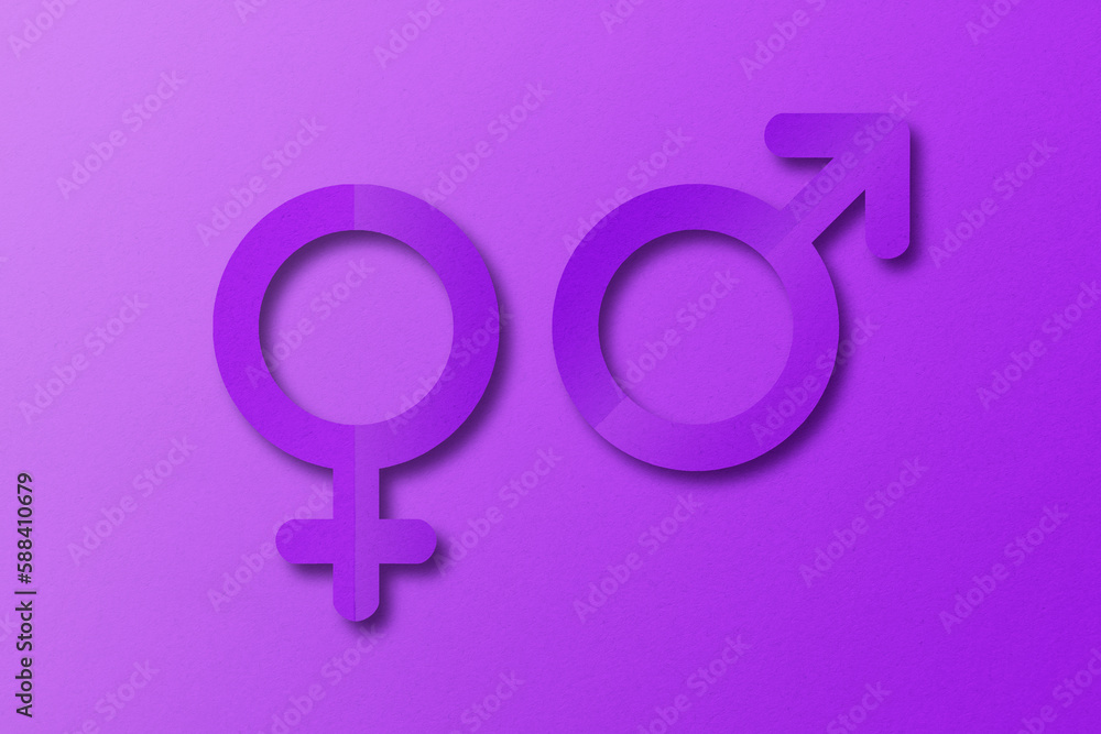 Purple paper cut into shapes symbolizing males and females. set on a purple background Purple paper cut into shapes symbolizing males and females. set on a purple background