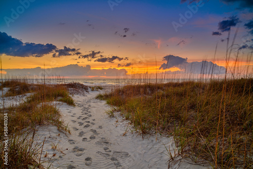 Sand dunes with footpath at sunrise, Hunting Island State Park South Carolina.