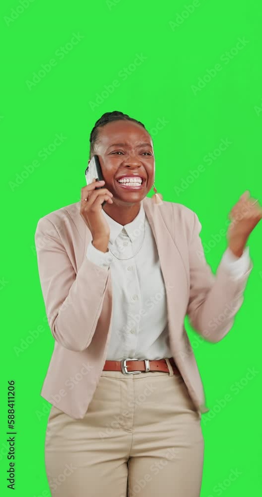 Black woman with phone call, yes with fist pump on green screen, winner with celebration and communication with job promotion. Cheers, achievement and win, happy business female on studio background Black woman with phone call, yes with fist pump on green screen, winner with celebration and communication with job promotion. Cheers, achievement and win, happy business female on studio background