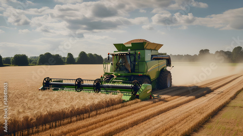 Combine harvester harvesting a barley field, Generative AI