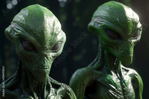 3d render, 2 aliens in a forest, aliens outdoors, green aliens, generative ai photo