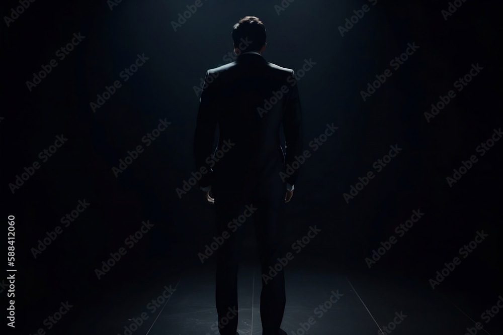 Businessman in Black Suit: Confident Male Standing on Dark Background with Copy Space for Business Use Businessman in Black Suit: Confident Male Standing on Dark Background with Copy Space for Business Use