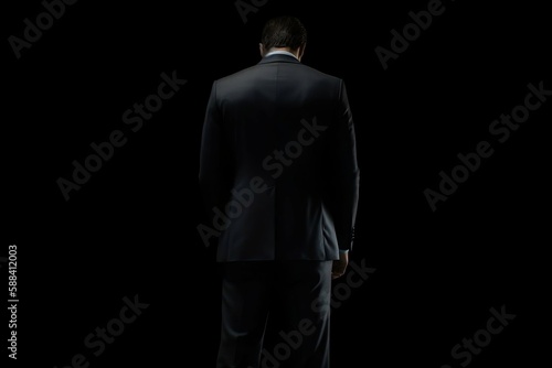 Businessman in Black Suit: Confident Male Standing on Dark Background with Copy Space for Business Use © Thares2020
