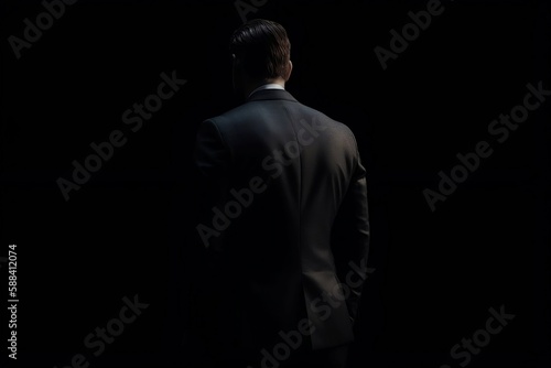 Businessman in Black Suit: Confident Male Standing on Dark Background with Copy Space for Business Use