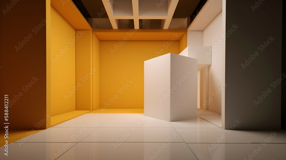 3D Rendered White and Yellow Room with Rectangular Prism Object 3D Rendered White and Yellow Room with Rectangular Prism Object