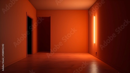 3D Rendering of an Empty Red Room with Glowing Line Illuminating the Walls