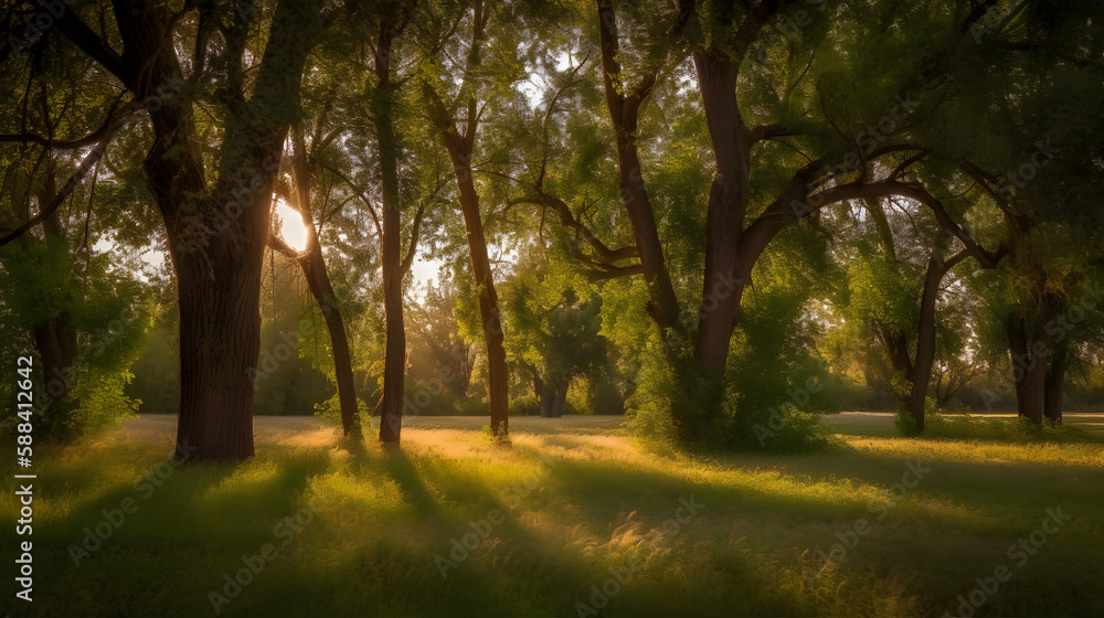 Fototapeta premium Sunny landscape, grass and trees, Generative AI