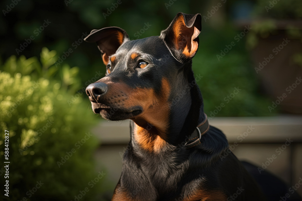 Black and tan german pinscher portrait on summer time. Tan-and-black German Pinscher with uncropped ears sitting on lawn in backyard, created with Generative AI