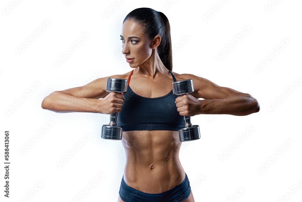 Exercising with dumbbells. Attractive girl bodybuilder dumbbells workout. Transparent PNG Studio portrait. Exercising with dumbbells. Attractive girl bodybuilder dumbbells workout. Transparent PNG Studio portrait.