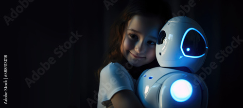 Little girl child hugging an artificial intelligence robot friend with copy space, generative ai