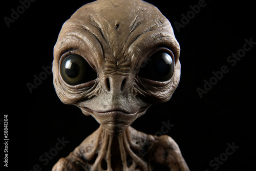 closeup of a small alien, grey alien with big eyes, baby alien, generative ai