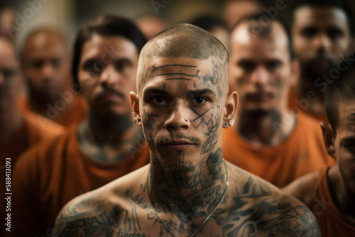 Fotografia group of tattooed convicts looking at camera, AI generated image