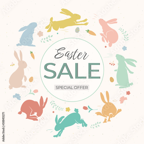 Easter sale banner  background. Template with rabbits for design poster  banner  invitation  voucher. Promo discount season offer.