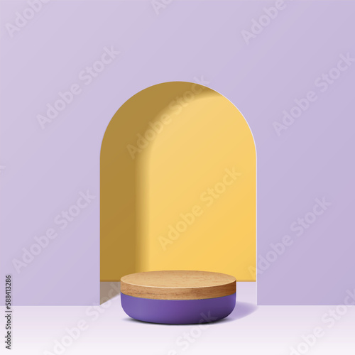 Background for product scene. Wooden and purple product display podium on yellow background with light for mock-up cosmetic, spa product. 3D Stage showcase on pedestal display studio