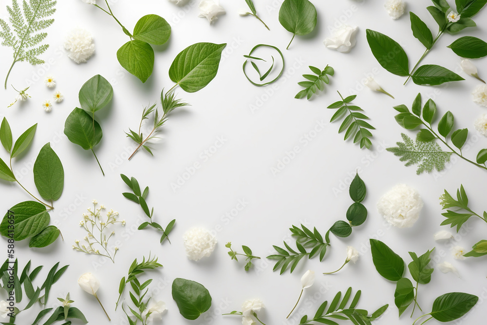 Flowers composition. Round floral frame made of flowers, petals and leaves on white background. Flat lay, top view. Natural, eco, organic ingredients.