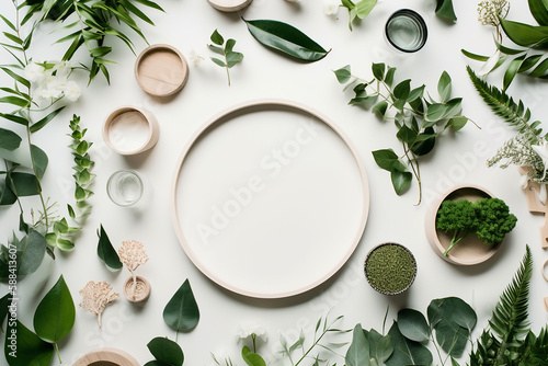 Flowers composition. Round floral frame made of flowers, petals and leaves on white background. Flat lay, top view. Natural, eco, organic ingredients.