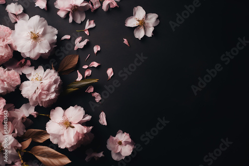 Fresh bunch of pink peonies on dark background. Card Concept  pastel colors  close up image. Beautiful flowers.