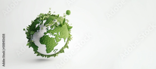 Earth day concept. Banner with eco-friendly globe created from green leaves on white background, created with Generative AI