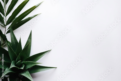 Green leaves of tropical plants on a white background  top view  flat lay. Natural  eco  organic ingredients.