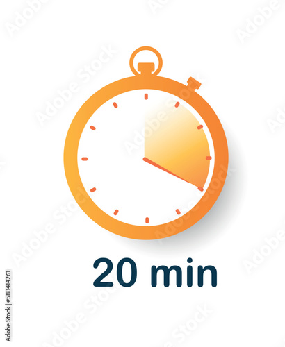 20 minutes clock icon. Interface for programs and applications. Goal setting and motivation, time management and segment or part of hour. Cartoon flat vector illustration