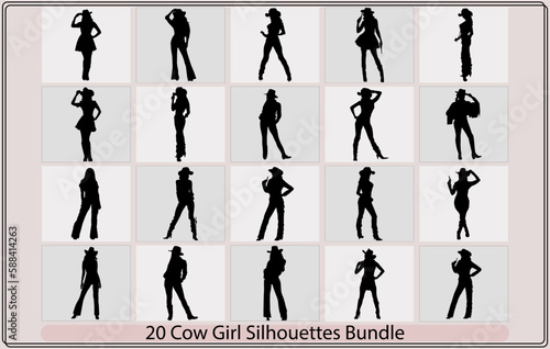 cowgirl riding a horse and throwing lasso,Woman with a cowboy hat.woman cowboy black and white vector silhouette design set