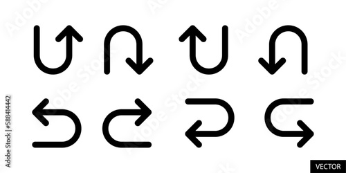 U turn arrow symbol icon set in line style design for website, app, UI, isolated on white background. Editable stroke. Vector illustration.