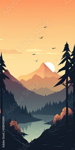 Abstract landscape poster. Nature wall decor contemporary art print  mid century mountain background. Vector illustration. Generative Ai.