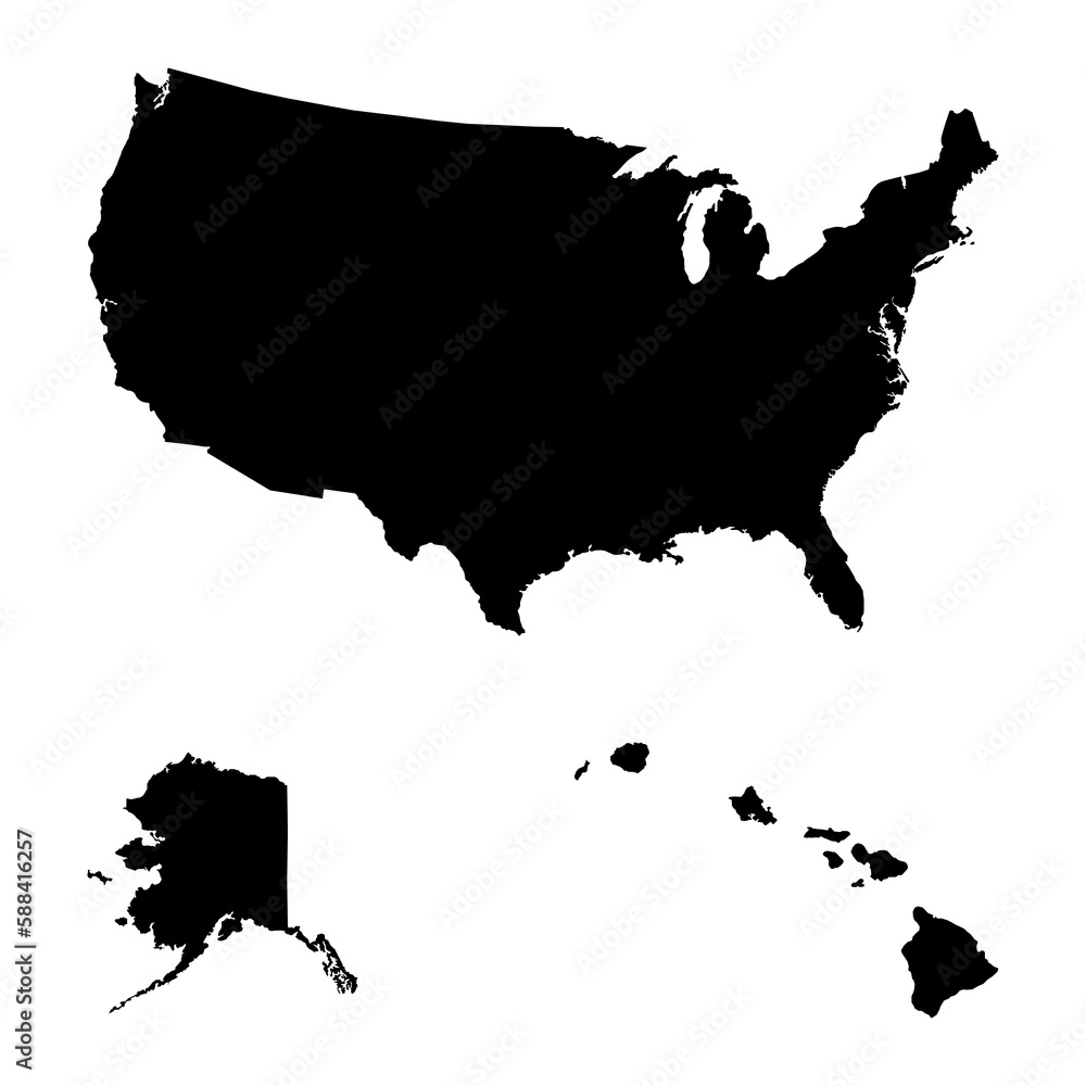 Black Map USA, including Alaska and Hawaii on white background Black Map USA, including Alaska and Hawaii on white background