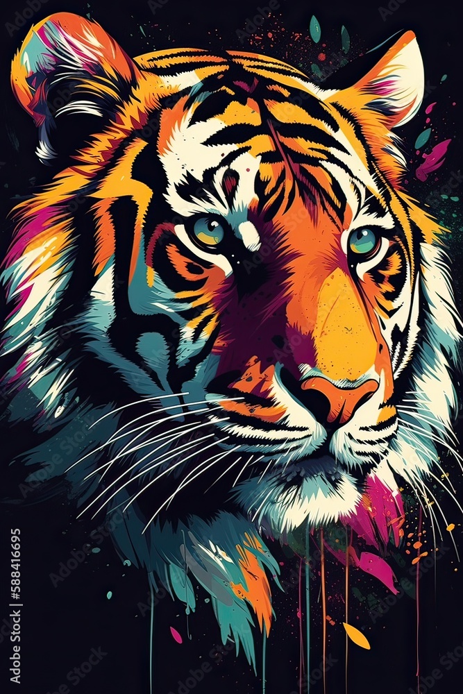 Growling leopard. Abstract, multicolored portrait of a snarling neon leopard on a background. can be used for t-shirt graphics, print. Vector illustration. Generative Ai.