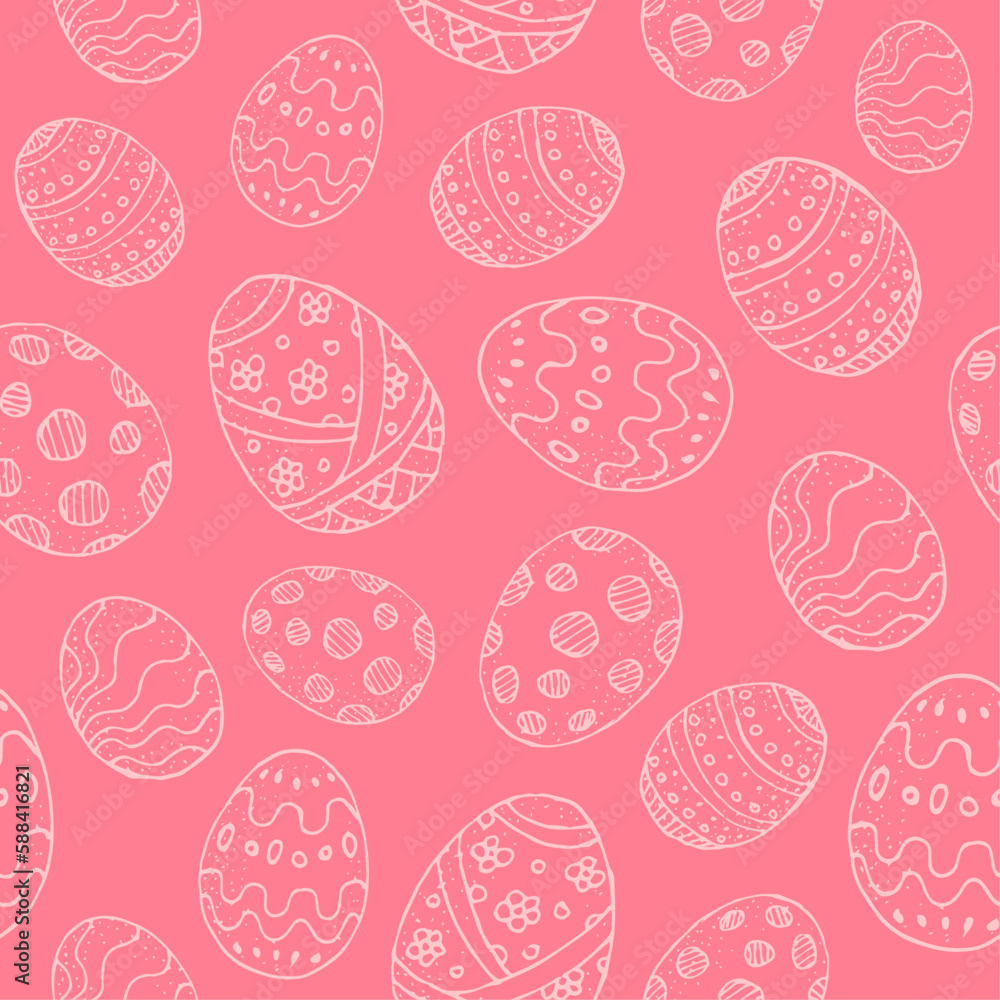 Seamless background with white contour Easter eggs on a pink background. Stylized Easter eggs with patterns
