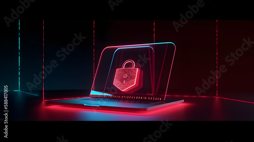 Red laptop, Shield, Lock, Cybersecurity, Online Security, Computer Security, Information Security, Firewall, Antivirus, Malware Protection, Data Encryption, Secure Connection, Network Security, Identi