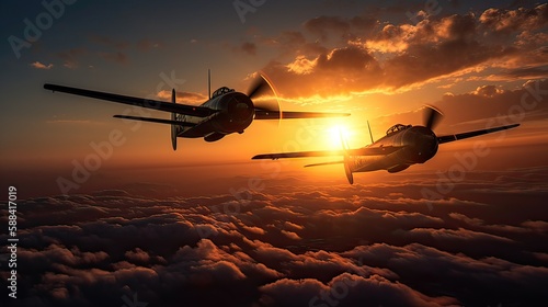 Militar aircraft flying over the clouds in amazing sunset. Generative Ai.