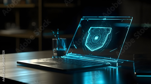Blue laptop, Shield, Lock, Cybersecurity, Online Security, Computer Security, Information Security, Firewall, Antivirus, Malware Protection, Data Encryption, Secure Connection, Network Security, Ident