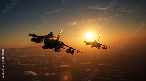 Militar aircraft flying over the clouds in amazing sunset. Generative Ai.