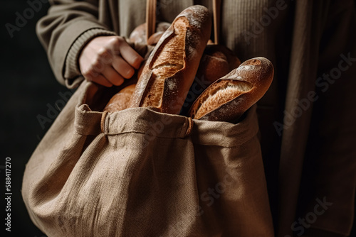 Cropped image of young woman carrying two bags full of groceries. Generative AI