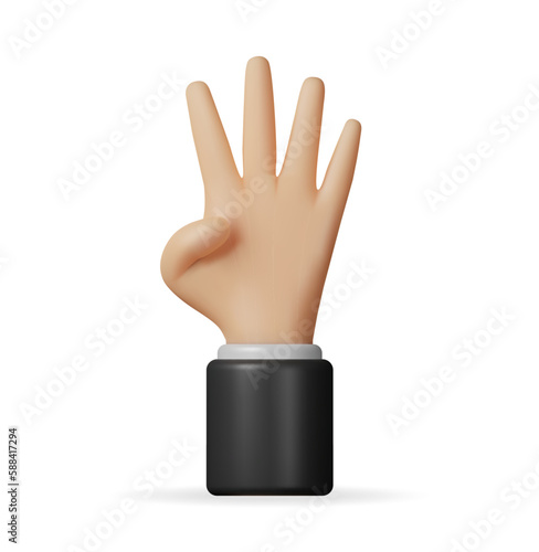 3D Hand Showing Four Fingers Isolated. Render Hand Gesture Symbol. Small, Index, Ring and Middle Fingers are Unclenched and Raised Up. Cartoon Emoji Icon. Vector Illustration