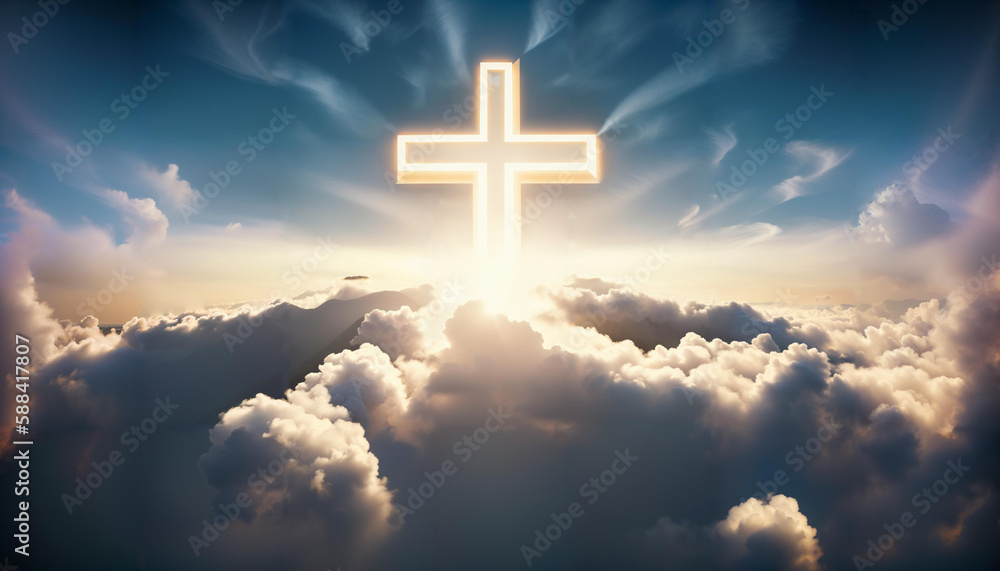 A luminous cross in the clouds. Religion. Crucifixion. Jesus. Faith and mercy.