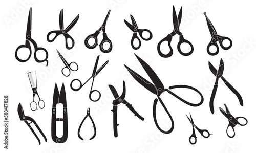 Diferent scissor vector illustration in silhouette style. Scissor vector set icon in black. Open, closed cutting or nippers collection.