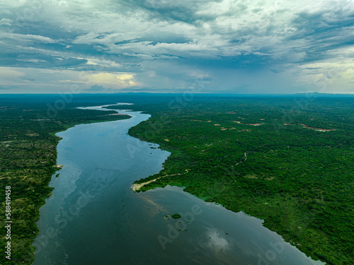 Aerial of the Nile River in Uganda Africa from Murchison Falls National Park 