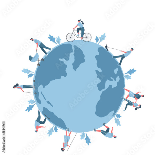People activities. Men and women around the map of world. People are resting: ride a bike, rollerblading, scooter, walk with baby stroller, walk a dog. Healthy lifestyle concept. Flat style. Vector