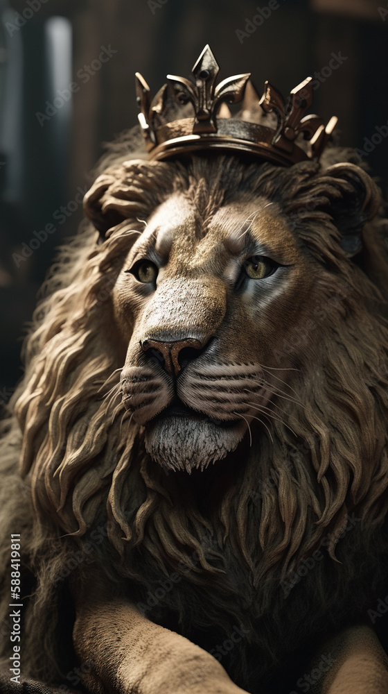 Lion king with golden crown on his head. Portrait of a lion king ...