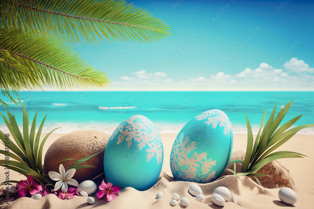 Colorful painted easter eggs on tropical beach with turquoise sea in the background. Generative Ai