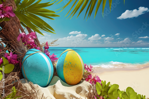 Colorful painted easter eggs on tropical beach with palm trees and turquoise sea in the background. Generative Ai