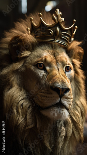 Portrait of a lion king with crown, close-up. Generative AI